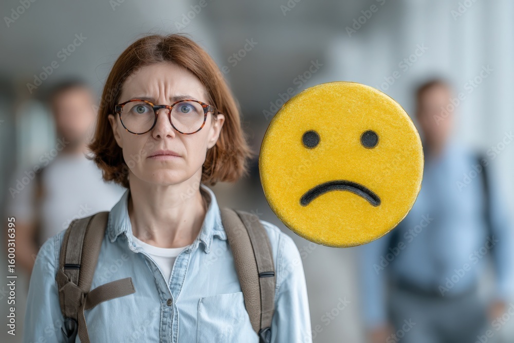 A woman appears worried in a busy indoor space, surrounded by people. She has short brown hair and glasses, wearing a light blue shirt and a backpack.