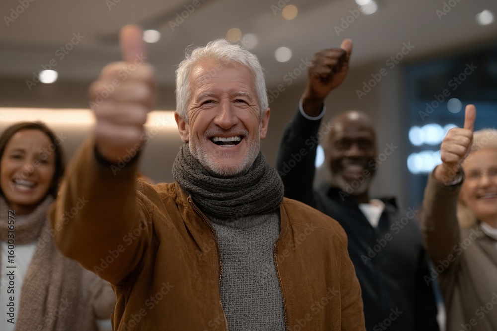 A group of joyful adults, including both men and women, are smiling and giving thumbs up. They are gathered in a modern indoor environment, exuding happiness and positivity.
