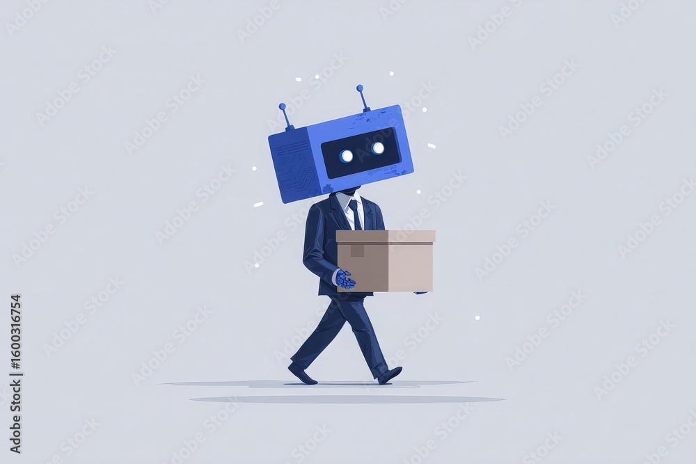 A character with a box-shaped robot head and a formal suit carries a cardboard box. The setting is minimalist with soft colors, emphasizing a blend of technology and business.