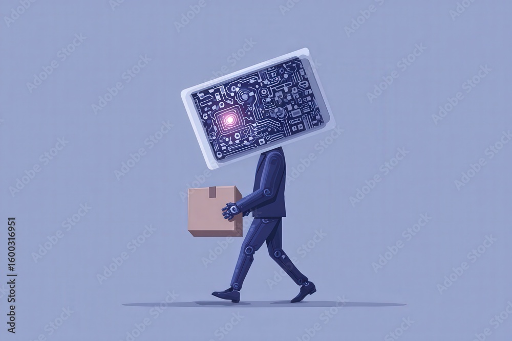 A figure in a suit walks forward with a cardboard box in hand. The head resembles a computer screen filled with circuitry, blending technology and humanity in a minimalist, pastel background.