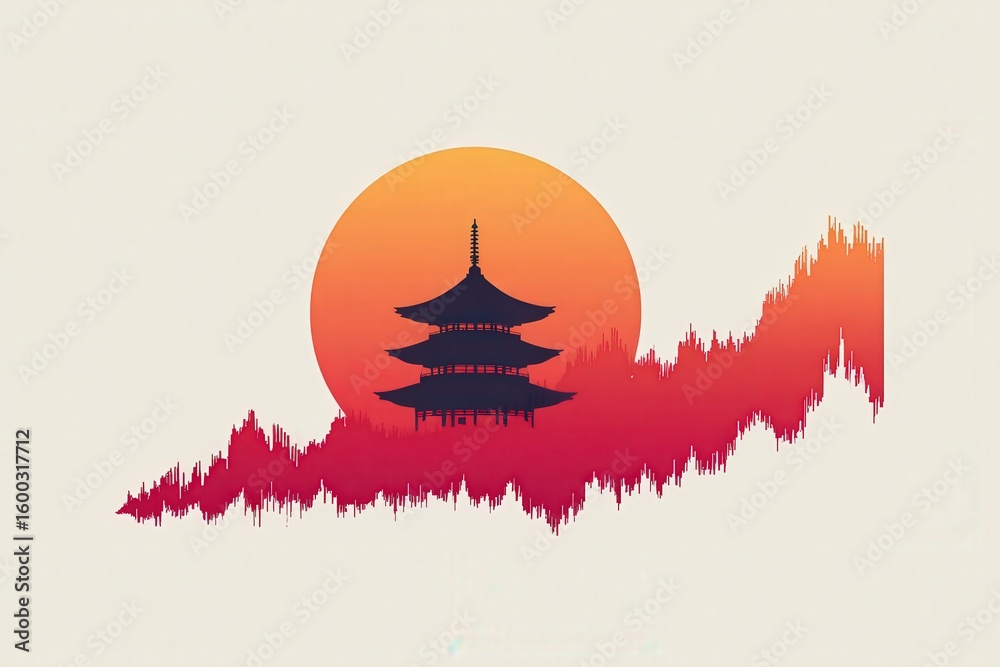 A pagoda is silhouetted before a vibrant orange sun setting on the horizon.