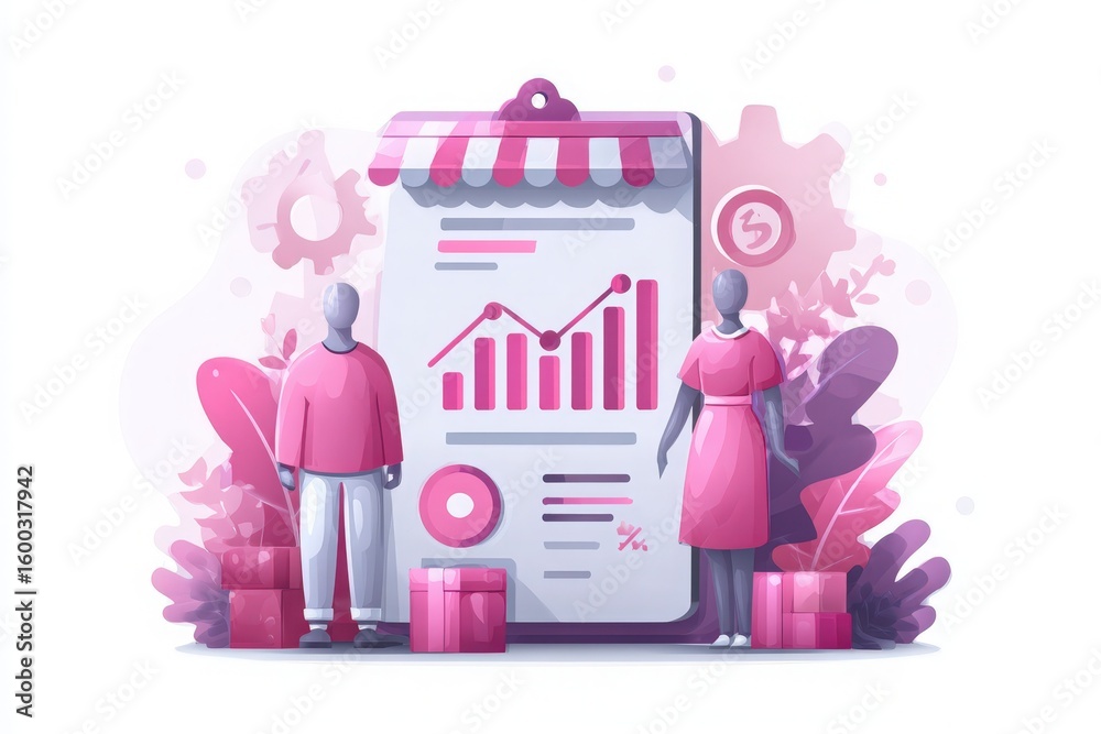 Two human figures stand beside a large chart showcasing business growth and analytics, surrounded by vibrant pink foliage and gift boxes, illustrating a modern, creative workspace.