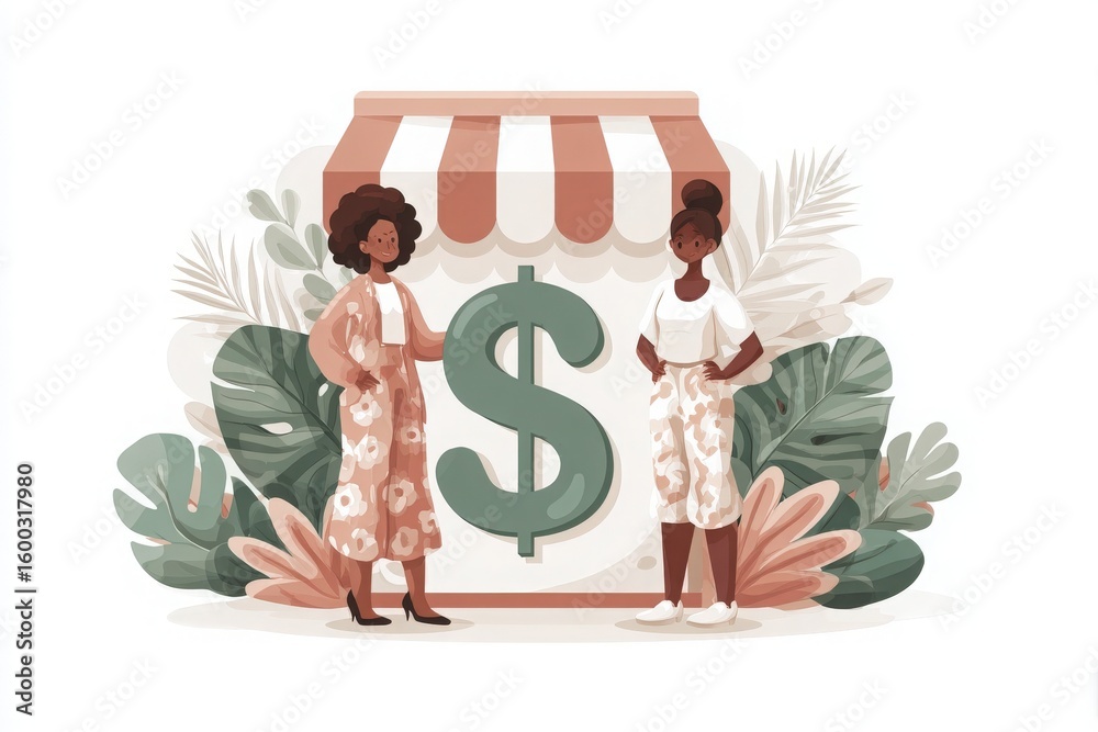 Two women are portrayed engaging in conversation in front of a store featuring a large dollar sign. The setting is vibrant, surrounded by greenery and decorative elements that enhance the scene.