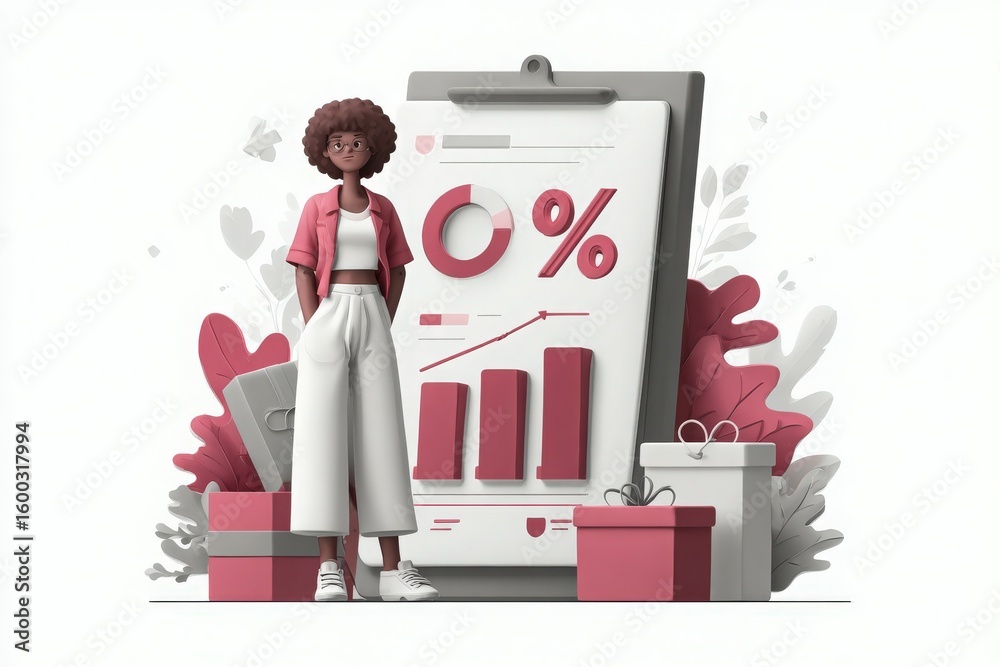 A stylized character stands confidently next to a large chart displaying growth percentages.