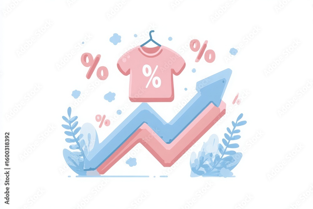 A pink shirt hangs on a hanger surrounded by percentage symbols. An upward trending graph in soft blue shows rising sales, suggesting a successful promotion or sale event.