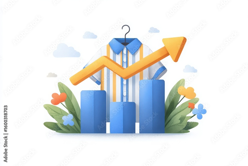 A colorful shirt hangs on a hanger with a growth chart rising alongside. The scene shows stylized blue bars representing sales figures, surrounded by vibrant foliage and flowers.
