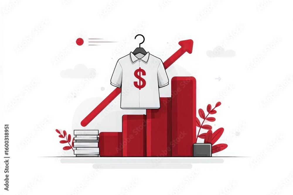 A creative illustration showcases a shirt featuring a dollar sign on a hanger above rising bar graphs. Surrounding elements include stacks of books and decorative plants, representing business growth.