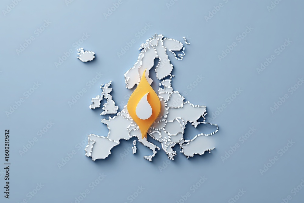 A detailed map of Europe is displayed, featuring a prominent flame icon at its center. This visual symbolizes current energy challenges, particularly in gas supply.