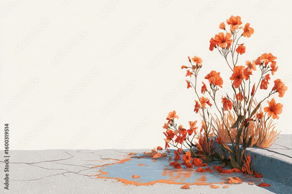Bright orange flowers emerge from cracked concrete, their vibrant petals contrasting with the dull surface.