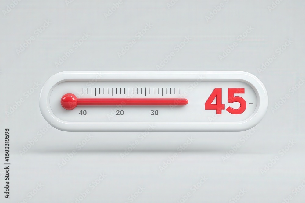 A modern thermometer shows a reading of 45 degrees in a sleek, white design. The simple, clean lines highlight the red indicator and easy-to-read numbers against a pale background.
