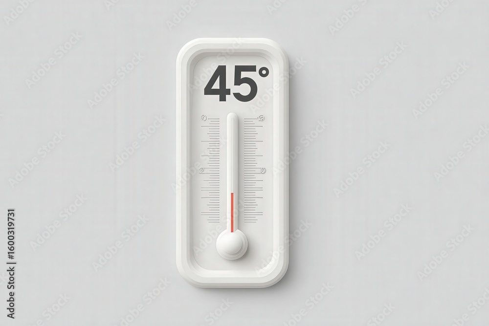 A digital thermometer shows a temperature reading of 45 degrees Celsius. The sleek white design contrasts with the neutral wall behind it, emphasizing the high temperature reading.