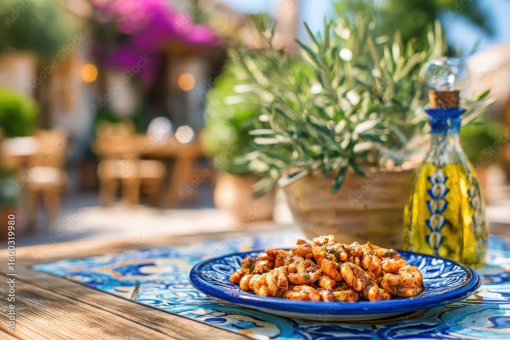 A beautifully presented plate of shrimp decorates a rustic wooden table in an outdoor dining area. Lush greenery and a decorative bottle add a vibrant touch to the inviting atmosphere.