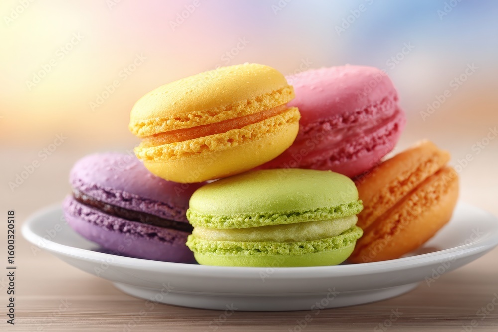 A variety of macarons in pastel colors, including purple, yellow, pink, orange, and green, are arranged neatly on a white plate.