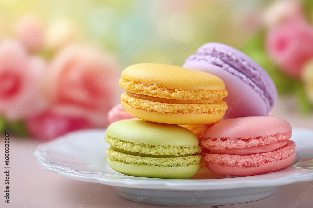 A plate holds a vibrant assortment of macarons in pastel colors, including yellow, green, pink, and purple.