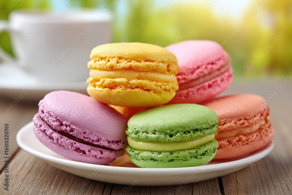 A plate holds five vibrant macarons in various colors, including yellow, green, orange, pink, and purple, outdoors with a soft-focus background of greenery and a coffee cup.