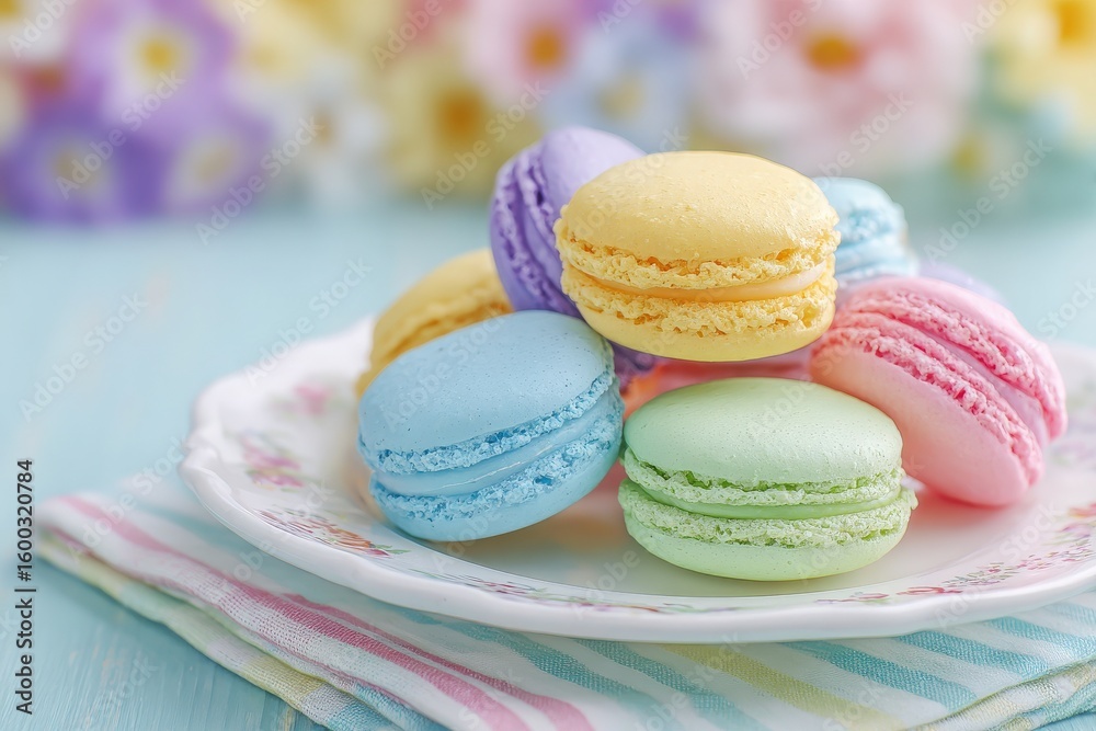 Delicate macarons in various colors are artistically arranged on a vintage plate. The soft pastel tones include blue, green, yellow, pink, and purple, alongside a light striped napkin.