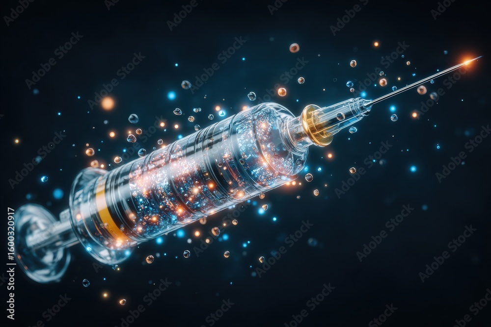 A detailed depiction of a syringe floating against a dark backdrop, surrounded by vibrant particles of light. The design highlights the syringes structure and the dynamic energy around it.