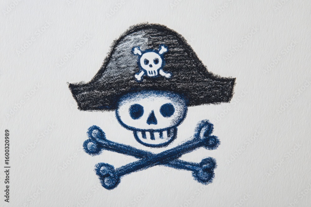 A playful illustration of a pirate symbol shows a skull wearing a classic pirate hat, adorned with a crossbones design underneath. The drawing features bold colors and simple lines.