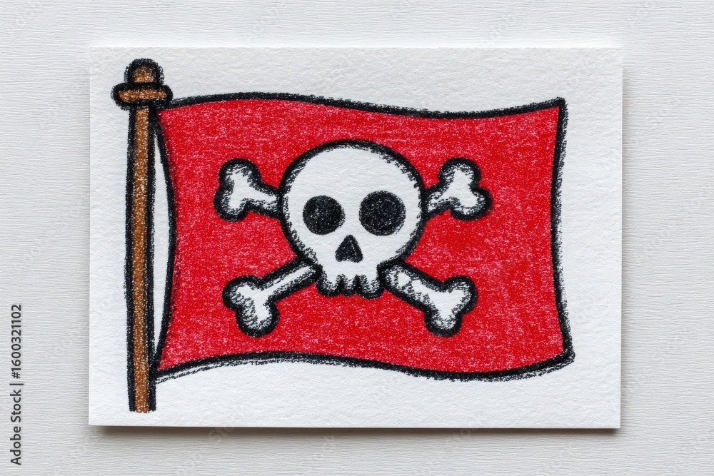 A flag featuring a skull and crossbones emblem on a vibrant red background is displayed. The flag is shown hanging freely, highlighting its design and colors, symbolizing danger or piracy.