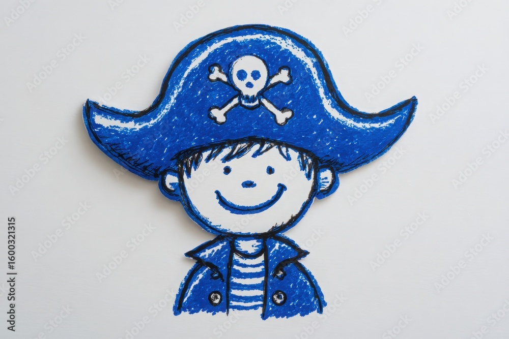 A vibrant pirate character is drawn in blue crayon, featuring a large hat with a skull and crossbones. The character has a friendly expression and wears a striped shirt.