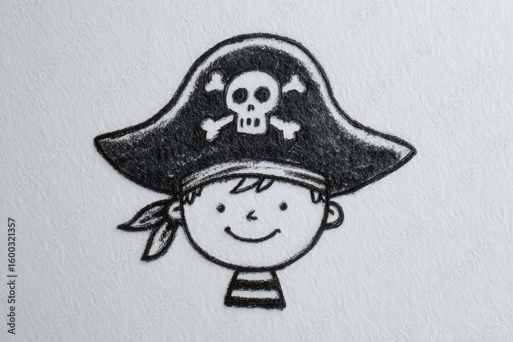 A playful drawing of a young pirate with a skull and crossbones hat. The pirate wears a striped shirt and a bandana, smiling cheerfully in a simple black and white illustration.