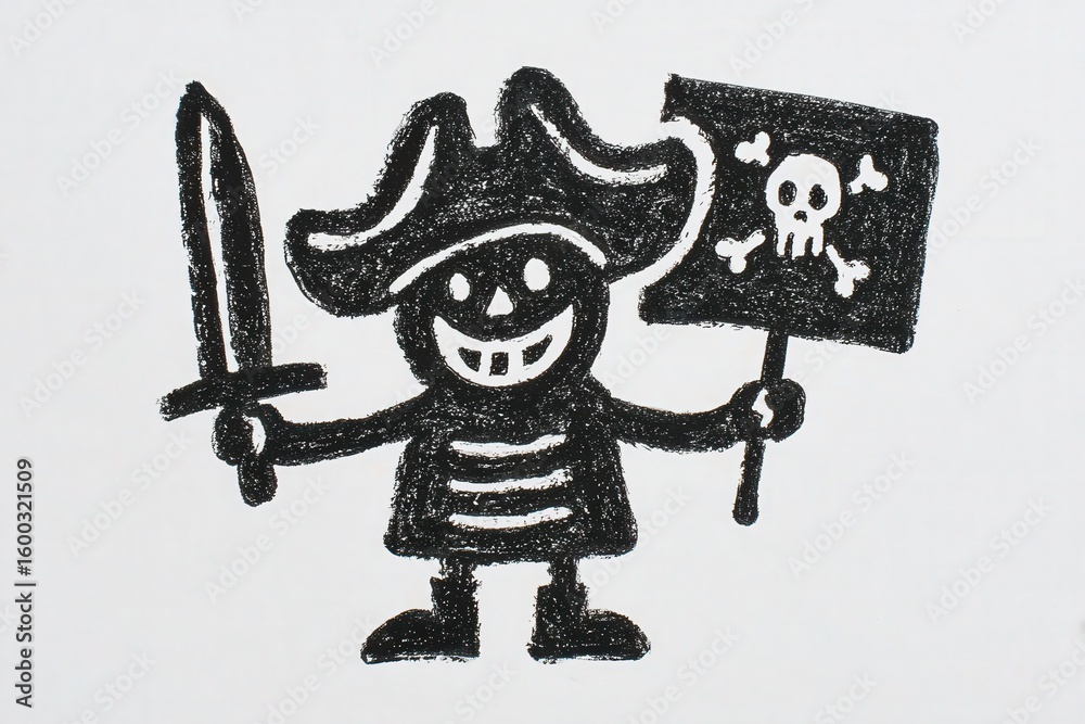 A cheerful pirate with a hat and striped shirt stands confidently, brandishing a sword in one hand and a flag featuring a skull and crossbones in the other.
