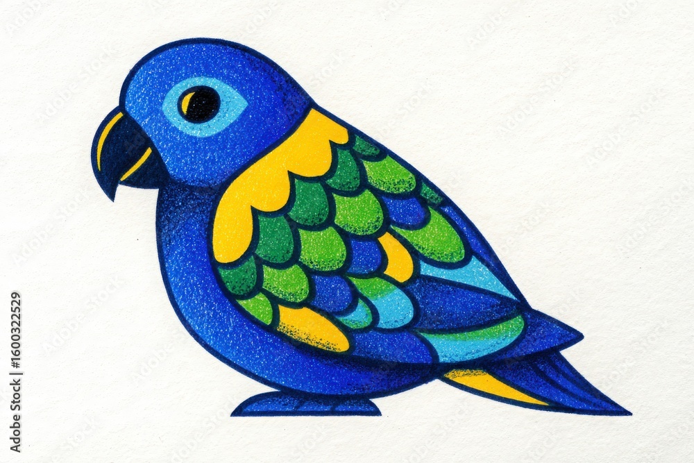 A brightly colored bird is illustrated with blue, green, and yellow feathers. It has a rounded shape, prominent eyes, and sits on a flat surface, showcasing its playful design.