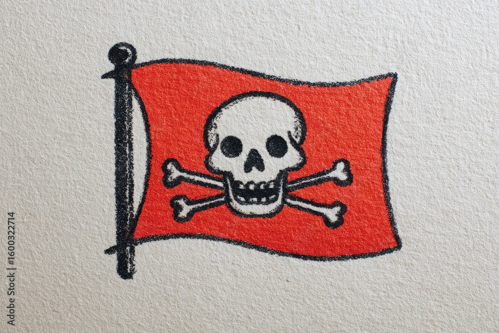 A flag design showcases a skull with a wide grin above crossed bones, all set against a vibrant red background. The bold graphic evokes a sense of adventure and danger.