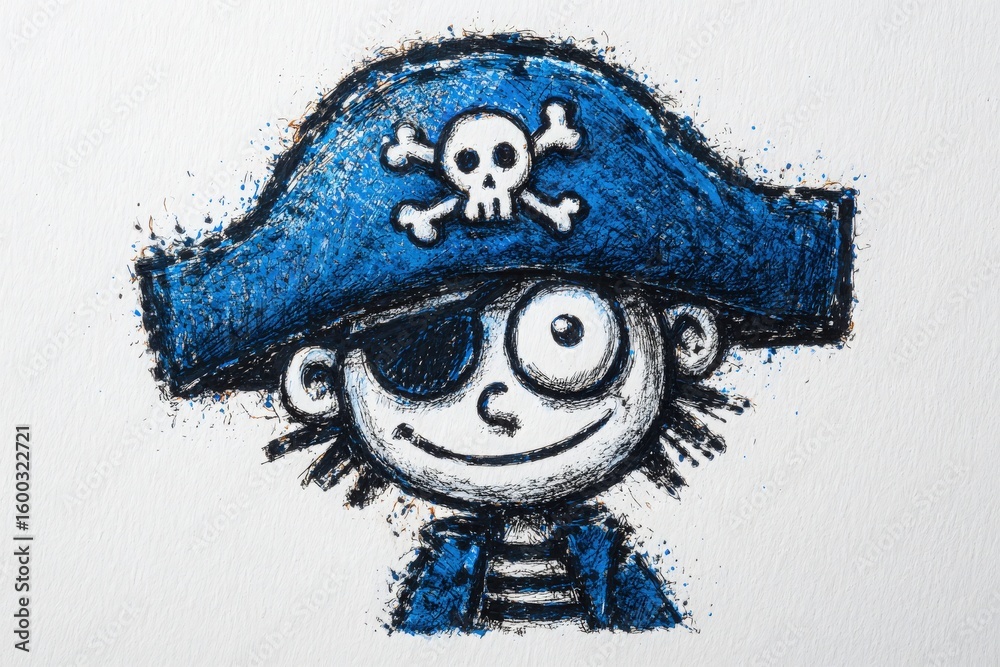 A charming pirate character is illustrated with a bright blue hat adorned with a skull and crossbones. The character has an exaggerated smile, one eye covered, and wears a striped shirt.