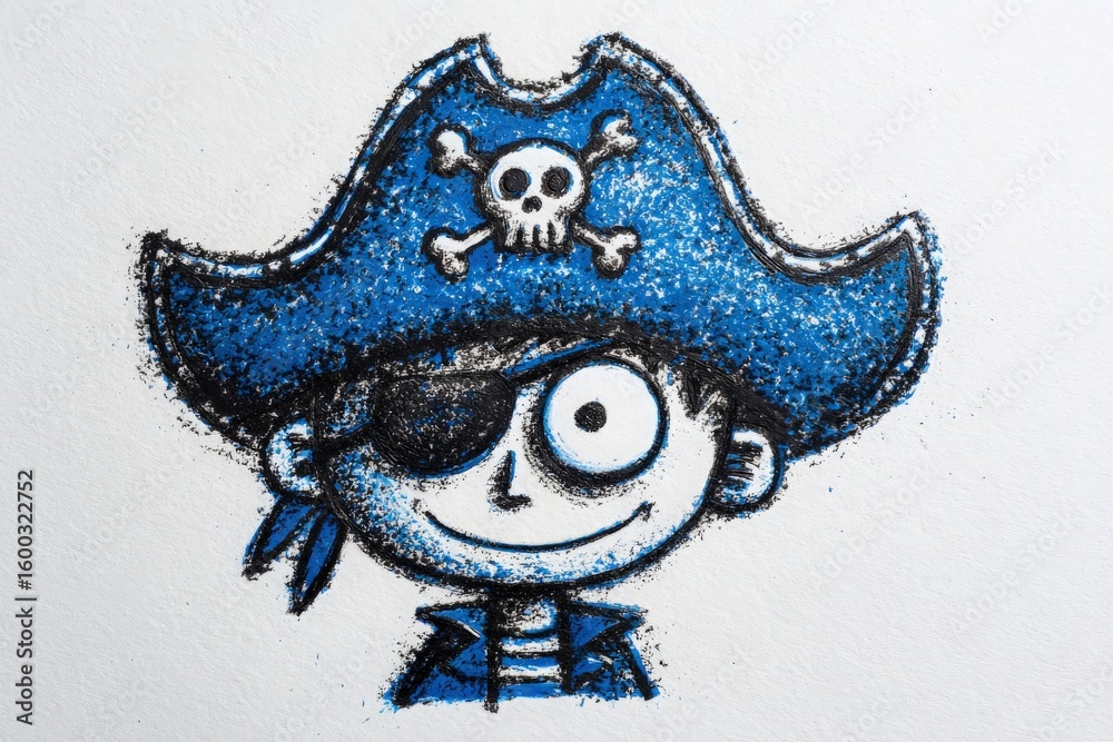 A vibrant drawing of a cartoon pirate character features a blue hat adorned with a skull and crossbones. The character has an eye patch and a cheerful smile, evoking a playful spirit.
