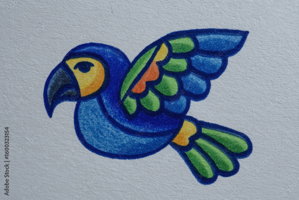 A bright illustration of a parrot in mid-flight showcases vivid blue feathers with green accents and a distinct yellow beak.