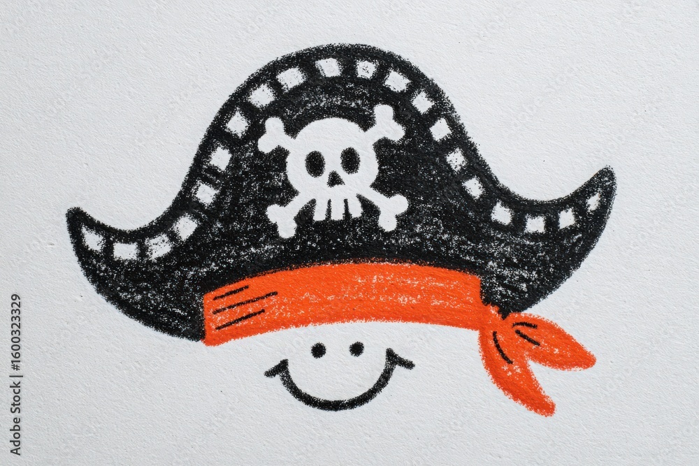 A friendly pirate character is illustrated with a black hat featuring a skull and crossbones. The pirate wears an orange bandana, adding a cheerful touch to the design.