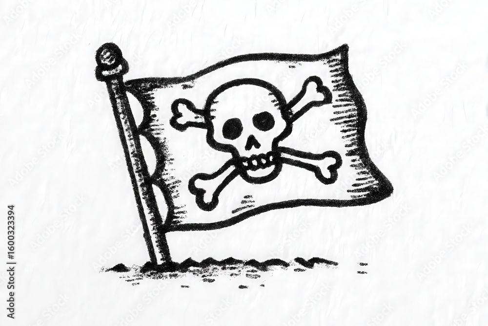 A flag with a skull and crossbones design is flying on a pole. The illustration is simple and conveys themes of danger, piracy, and adventure. The background is plain, emphasizing the flag.