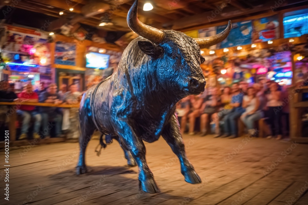 A mechanical bull is situated in the center of a bustling venue filled with excited spectators. The dim lighting adds to the vibrant and energetic atmosphere as participants take turns riding.