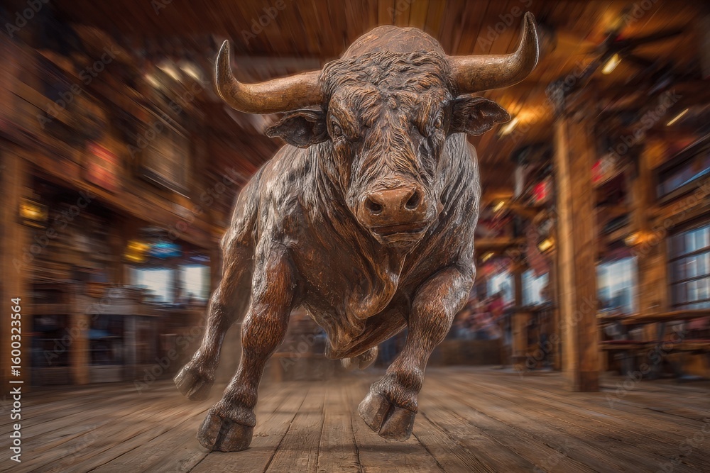 A powerful bull charges forward in a rustic saloon filled with wooden decor and warm lighting. The vibrant atmosphere captures the essence of a lively western gathering.