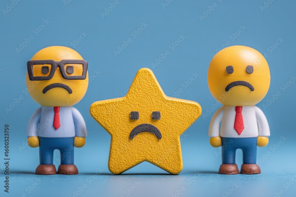 Two small, colorful figurines with sad expressions stand beside a yellow star that also looks upset. The setting features a smooth light blue backdrop, adding to the overall mood of disappointment.