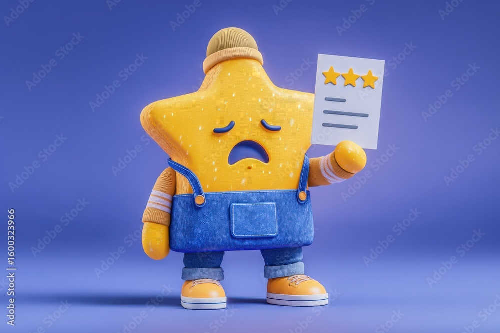 A yellow star-shaped character wearing a blue outfit and a beanie displays a review sheet rating with three stars. The background is a smooth purple that complements the characters expression.