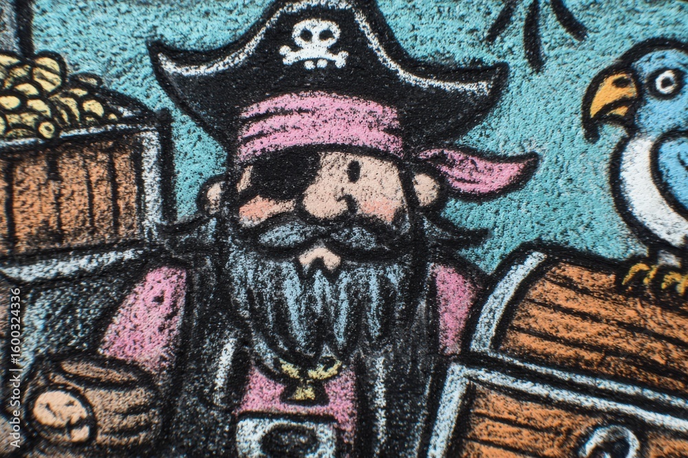 A pirate character stands proudly holding a treasure chest alongside a parrot. The playful design features bright colors and playful details, evoking a sense of adventure and fun.