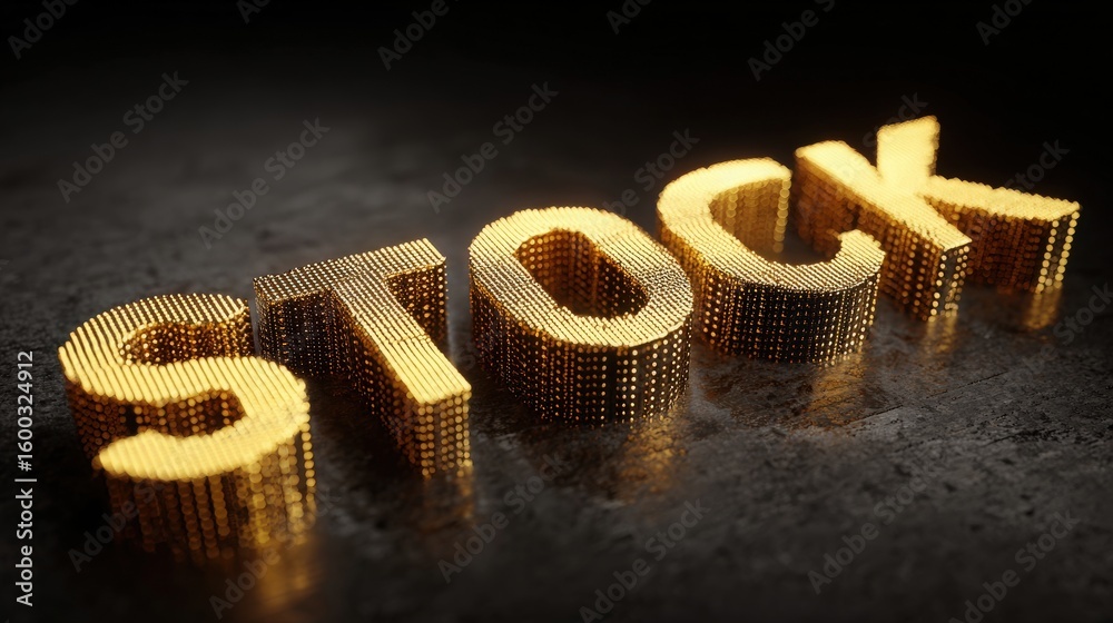 Golden letters spelling stock are arranged in a three-dimensional display on a dark, textured background, creating a visually appealing contrast that emphasizes the words significance.