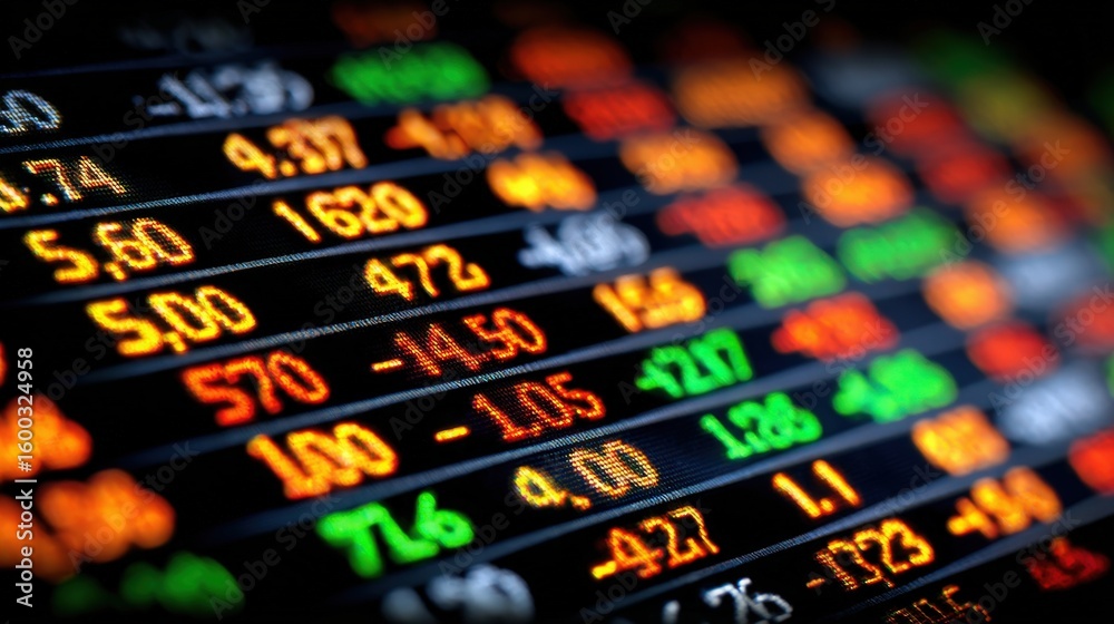 A close-up view of a stock market display featuring various colored numbers indicating price changes.