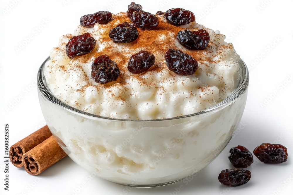 A bowl of creamy rice pudding features a generous topping of raisins and a sprinkle of cinnamon. This comforting dessert looks inviting and delicious, perfect for any occasion.
