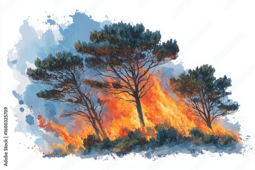 Intense flames engulf several tall pine trees, creating a dramatic contrast against the blue sky. The fire spreads quickly, surrounded by smoke and ash rising in the atmosphere.