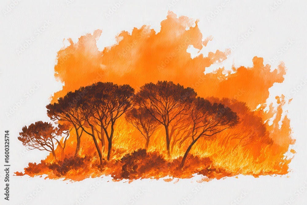A dramatic wildfire consumes a forest with intense orange flames and thick smoke. The burning trees stand against a backdrop of vibrant colors as the sun sets, creating a striking contrast.