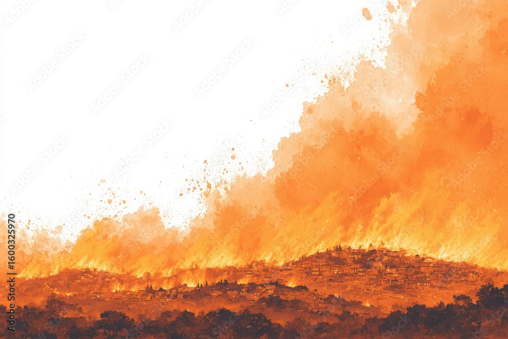 A large wildfire rages across a hilly terrain, with flames and thick smoke rising. The area is illuminated by the fires glow, presenting a stark contrast to the dark surroundings.