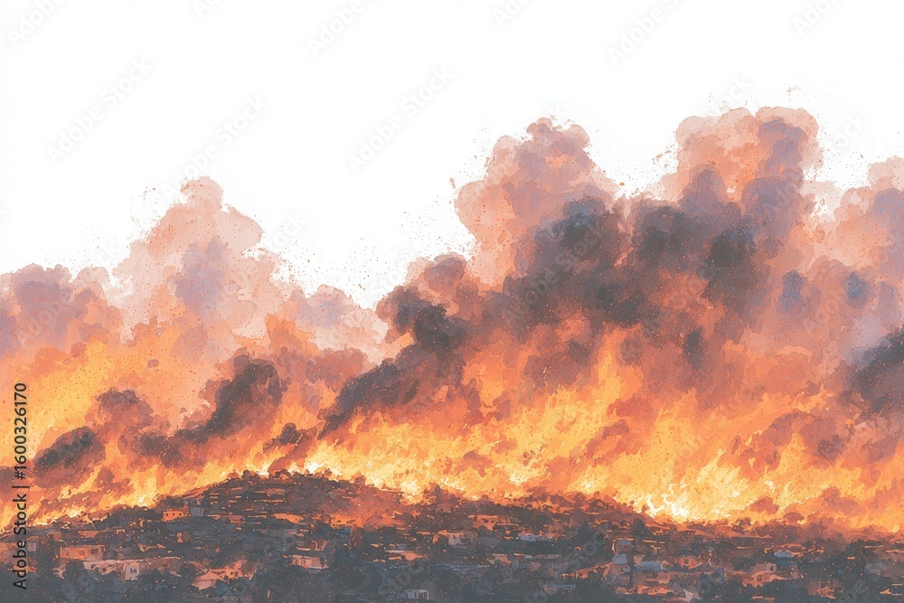Intense flames engulf the hillside, sending thick smoke into the air. The scene captures the devastating impact of wildfire, illuminating the sky with a fiery glow against the afternoon light.