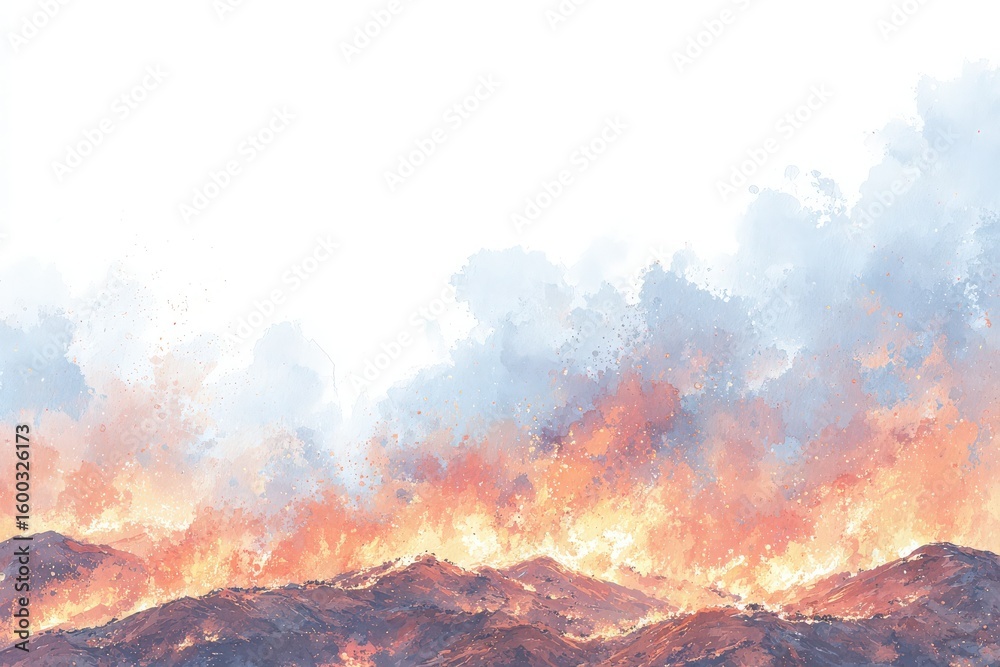 A wildfire spreads across rugged mountains, engulfing them in flames and smoke.