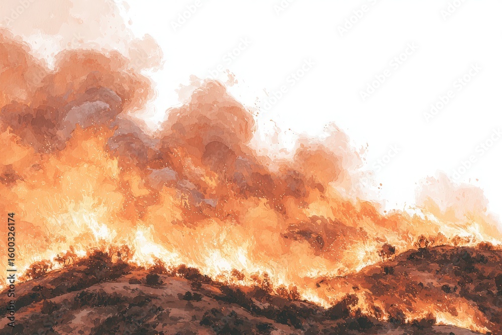 Flames rapidly spread across the hillside, accompanied by dense, dark smoke billowing into the sky. This alarming scene unfolds on a dry summer day, emphasizing fires destructive power in nature.