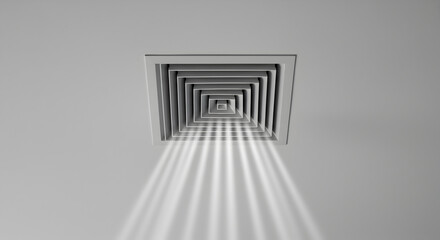 Poster - Monochrome Architectural Vent with Geometric Shadows on a Light Gray Wall in Tunnel Perspective
