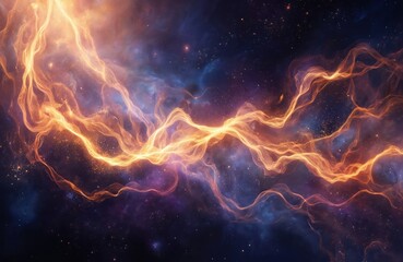 Wall Mural - Abstract swirls of light and particles against a dark, starry background. Glowing orange and blue wisps create a sense of futuristic energy and cosmic wonder.