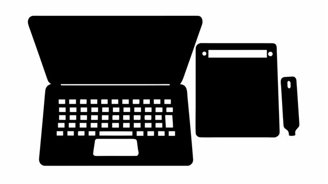 Illustration of an open laptop with keyboard, a tablet, and a stylus, all in solid black color scheme silhouette